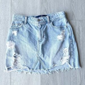 Hollister High Rise Denim Skirt Distressed Raw Hem
